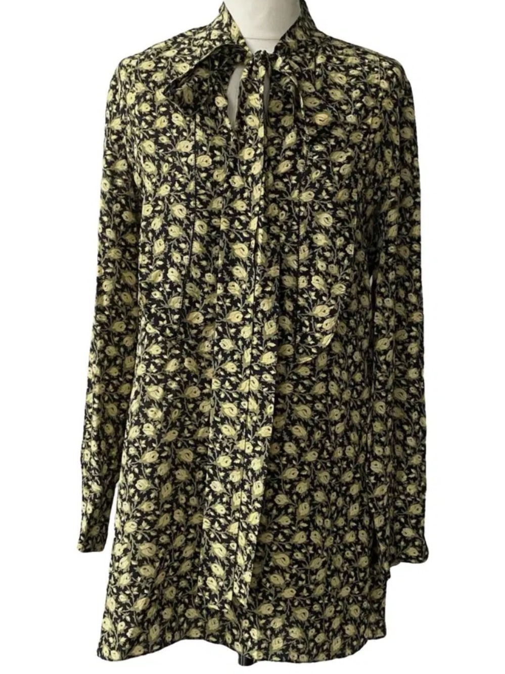 Burberry 100% Silk Shirtdress Mini Dress Logo Black Floral Yellow Roses Tie Neck